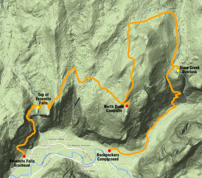 Map of Yosemite North Rim Backpack