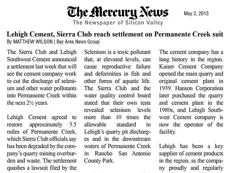 Mercury News article about settlement in Permanente Creek lawsuit