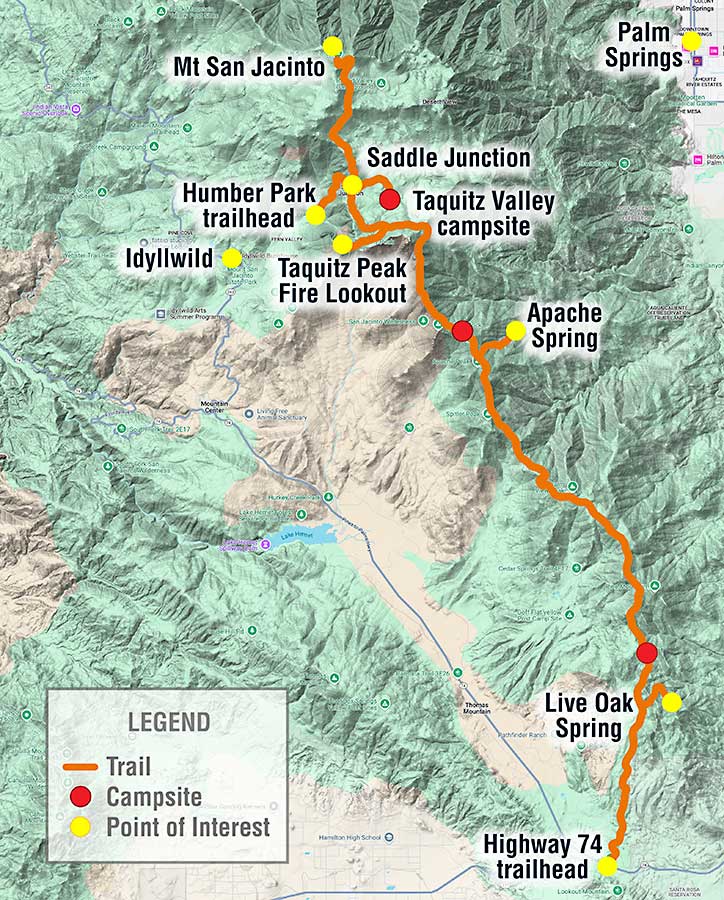 Map of short PCT section from Hwy 74 to Saddle Junction