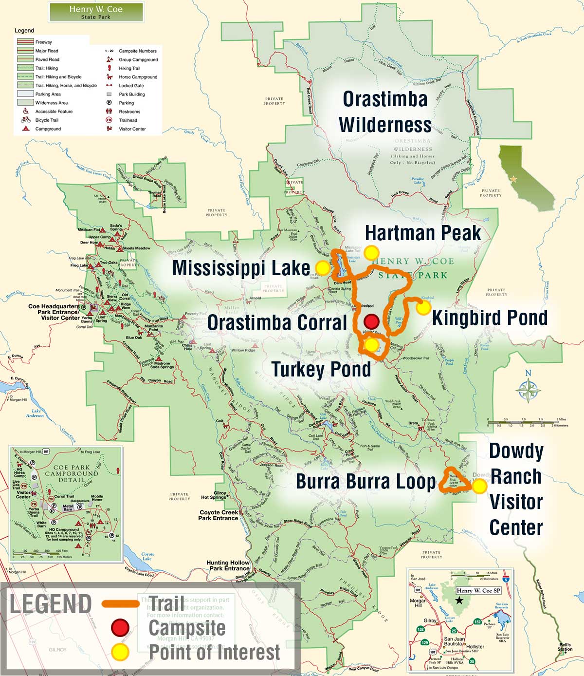 Map of Henry Coe State Park with Points of Interest